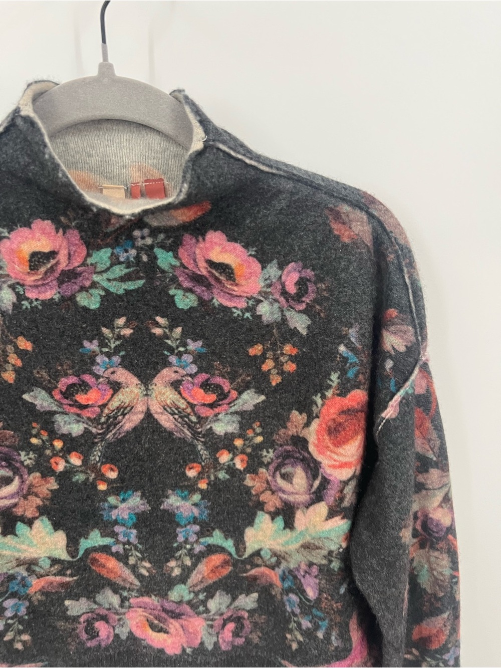 Pilcro Charcoal Mock neck Cashmere Sweater with Multicolor Floral & Bird Motif - Picture 4 of 9